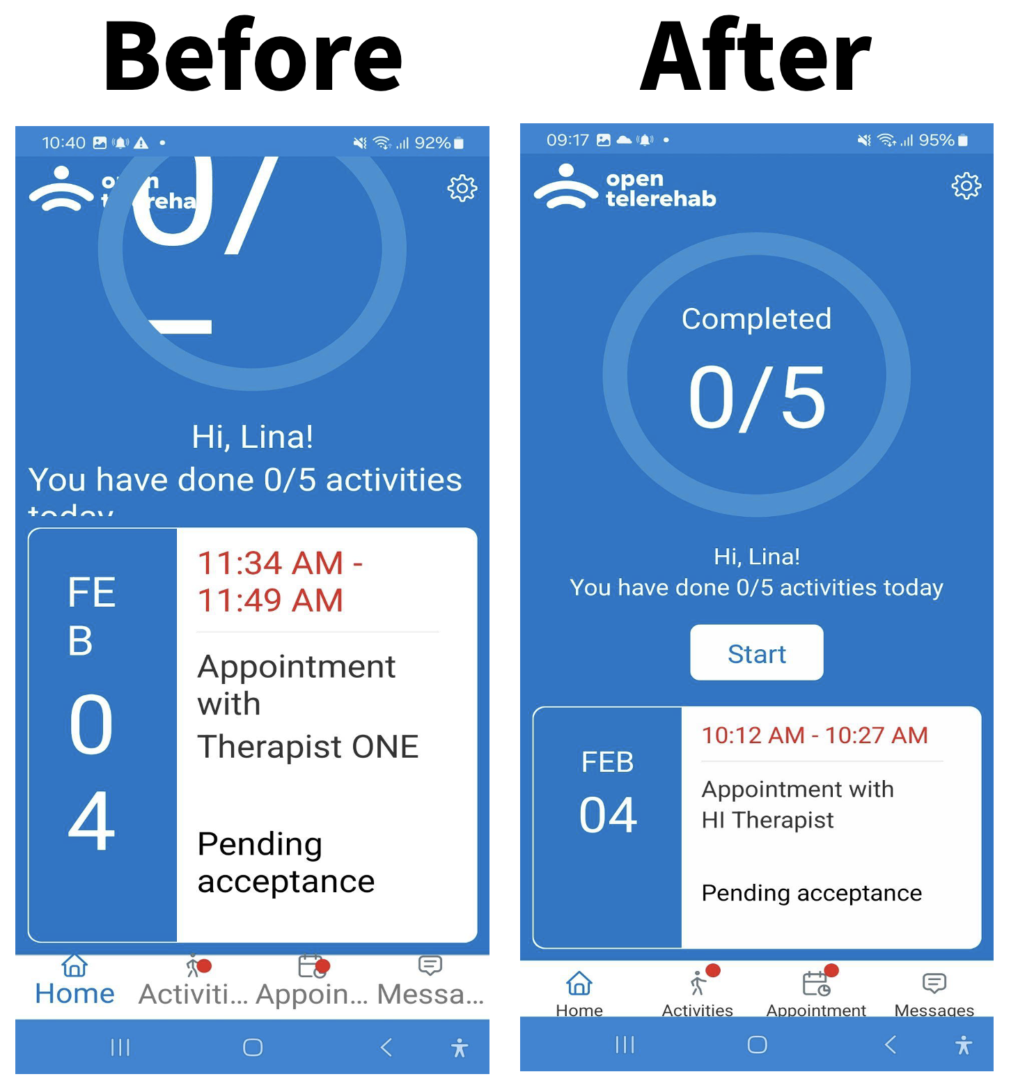 Illustration of the display harmonization when font size is changed to improve accessibility of the OpenTeleRehab platform Illustration of the display harmonization when font size is changed to improve accessibility of the OpenTeleRehab platform