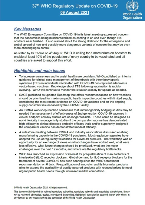 37th WHO Regulatory Update on COVID-19