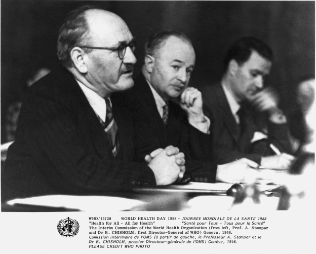 08-020108-Fb-photo The Interim Commission met in Geneva in 1946. From left are Professor A Stampar, a consultant to the commission and Dr Brock Chisholm, first Director-General of WHO.