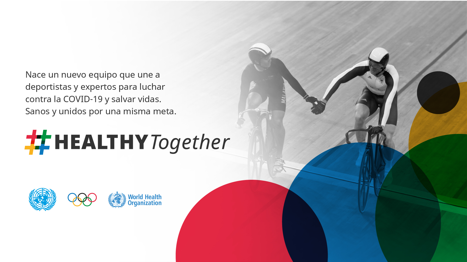 Banner illustrating #HealthyTogether with Olympic athletes running hand in hand "We are united in one goal, to be healthy together".