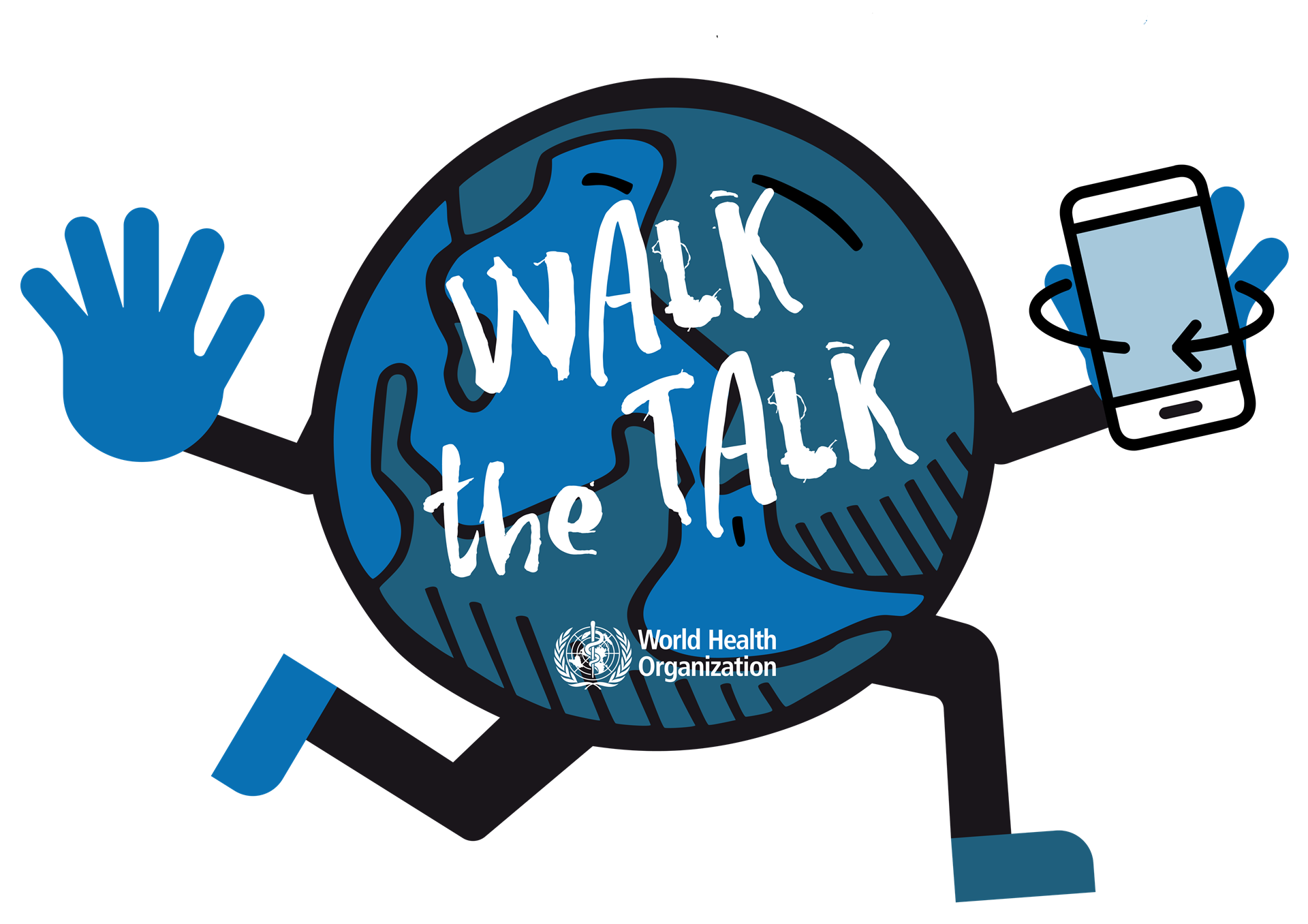 Walk the Talk mascot 2020: a running world globe holding a mobile device