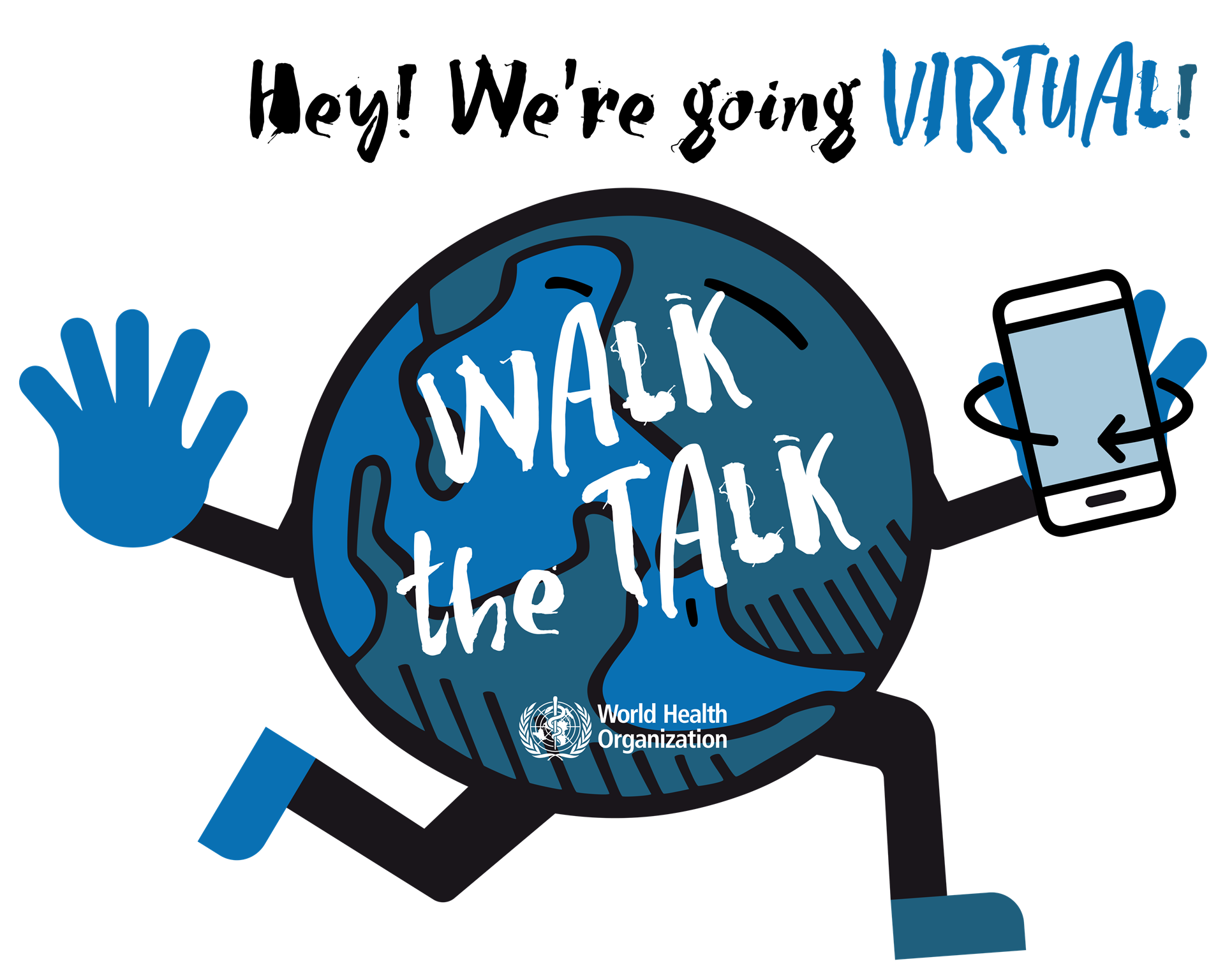 Walk The Talk mascot going virtual: a running world globe holding a mobile device