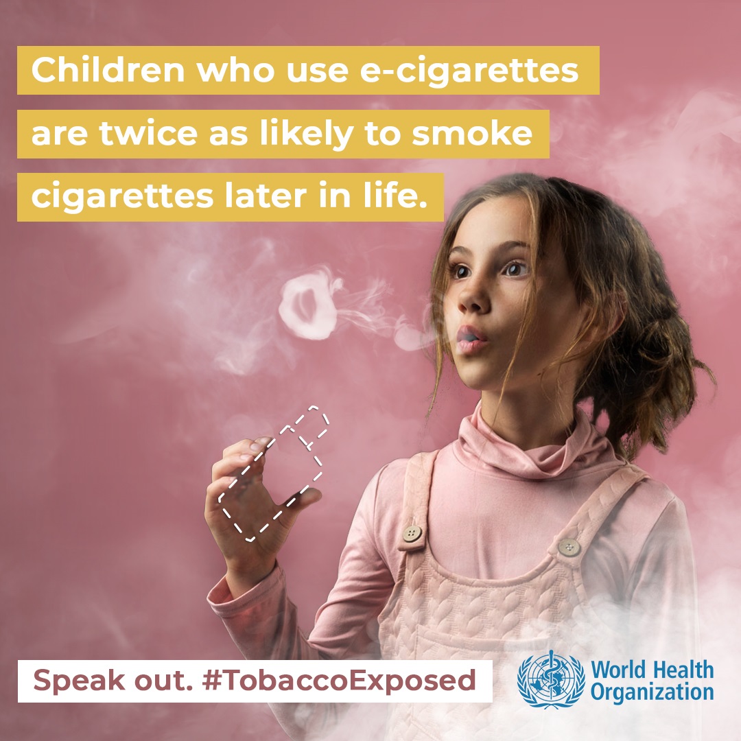 Social media tile: "Children who use e-cigarettes are twice as likely to smoke cigarettes later in life"  Speak out#TobaccoExposed