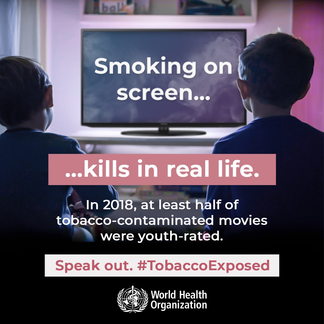 Social media tile: "Smoking on screen...kills in real life."  Speak out #TobaccoExposed