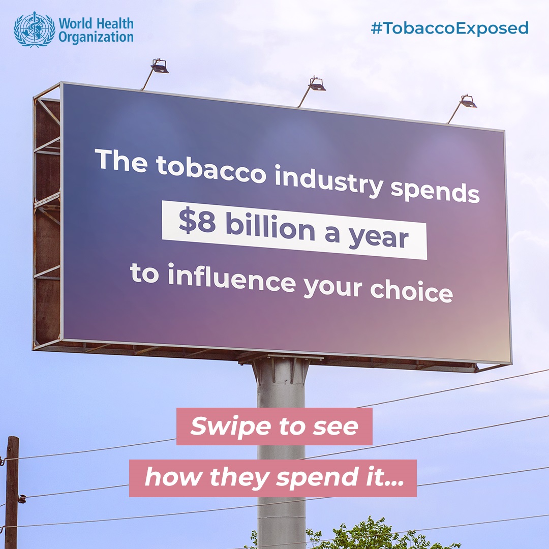 Social media tile: "The tobacco industry spends an average of $8 billion a year to influence your choice"  Speak out #TobaccoExposed