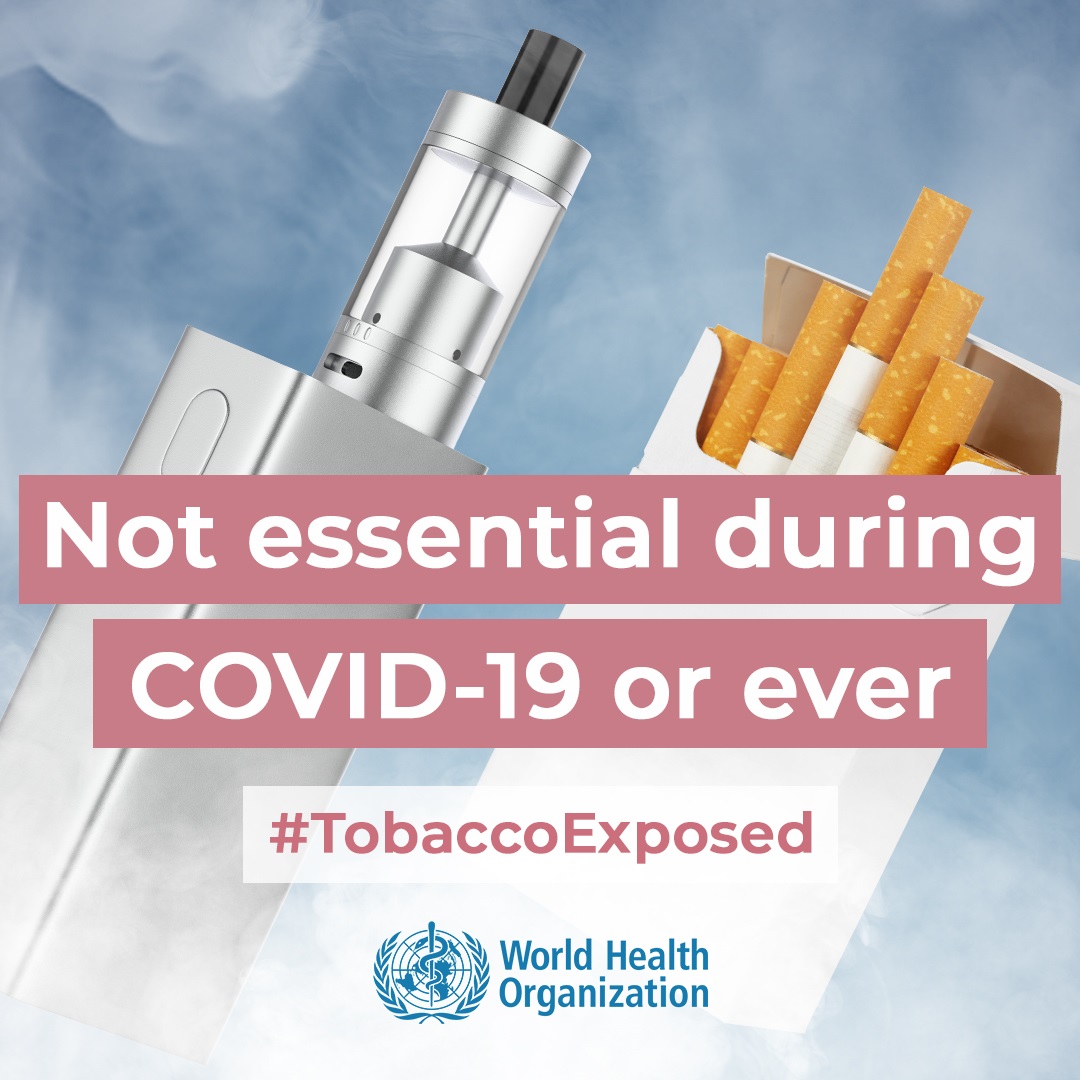 Social media tile: "Not essential during COVID-19 or ever"  Speak out #TobaccoExposed