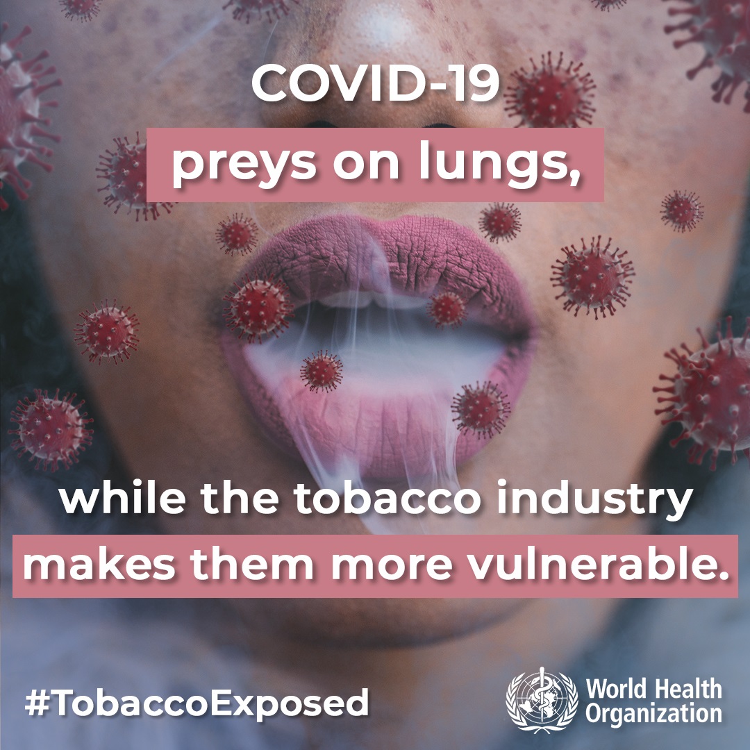 Social media tile: "COVID-19 preys on lungs, while the tobacco industry makes them more vulnerable."  Speak out #TobaccoExposed