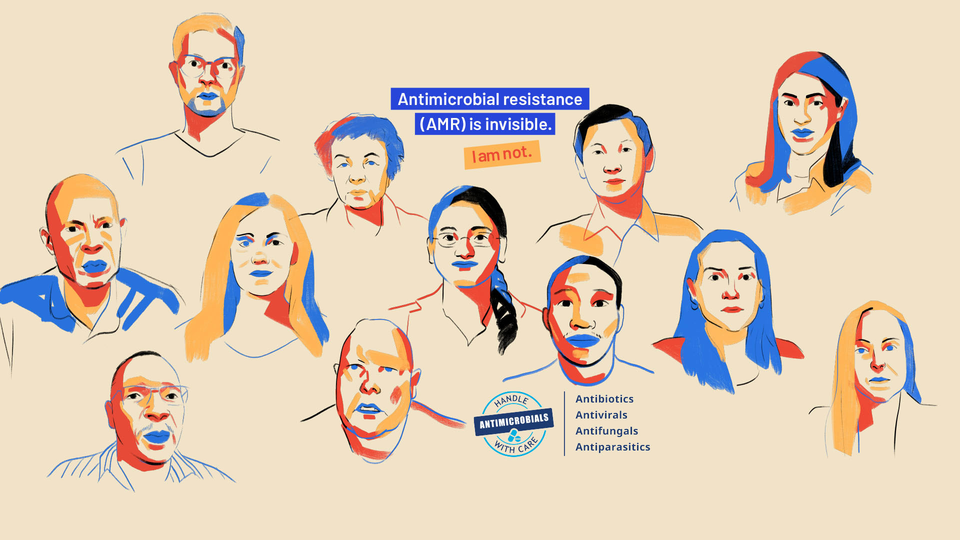 Portraits of 12 members of the WHO Task Force of AMR survivors