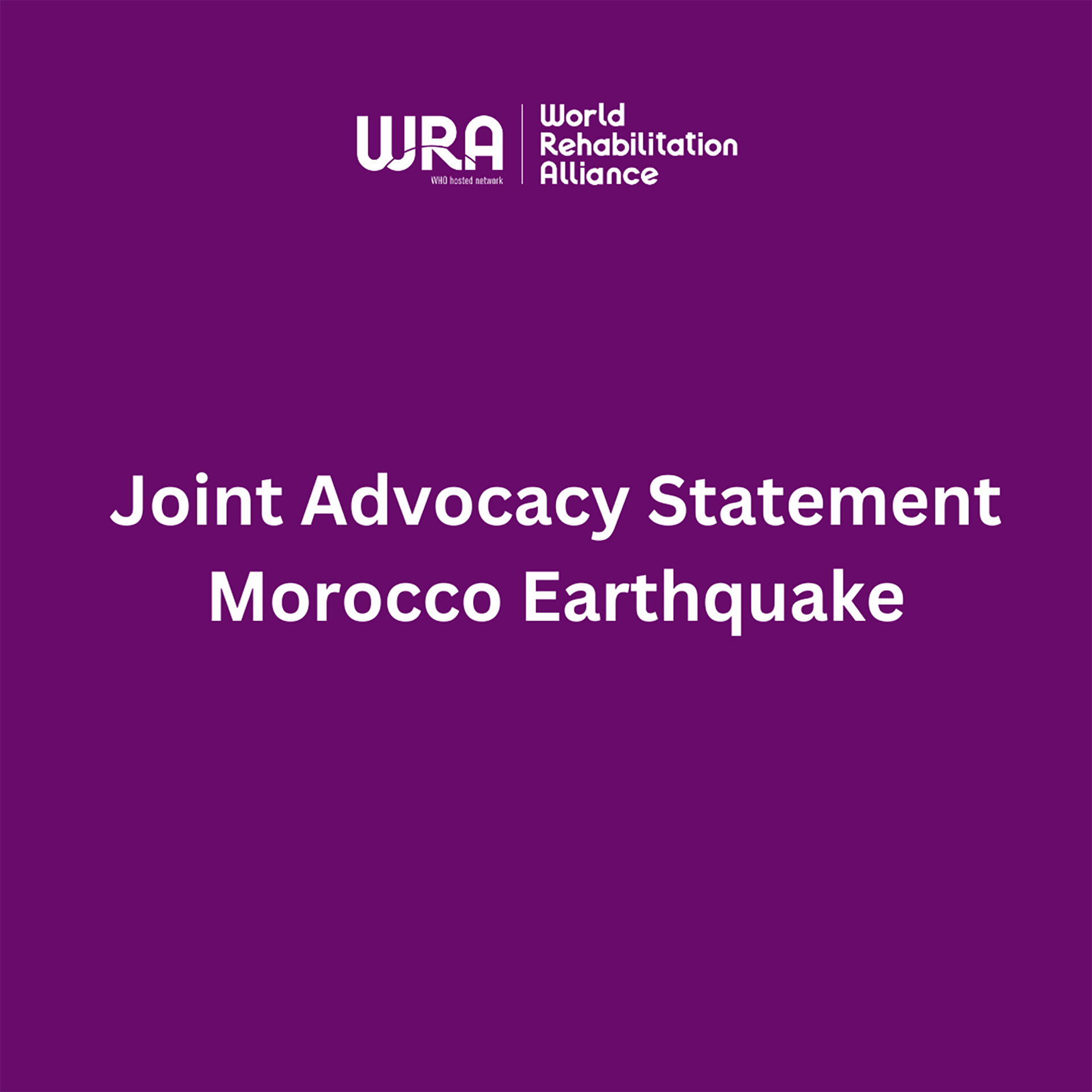 WRA logo and white text - Joint Advocacy Statement Morocco Earthquake on purple background
