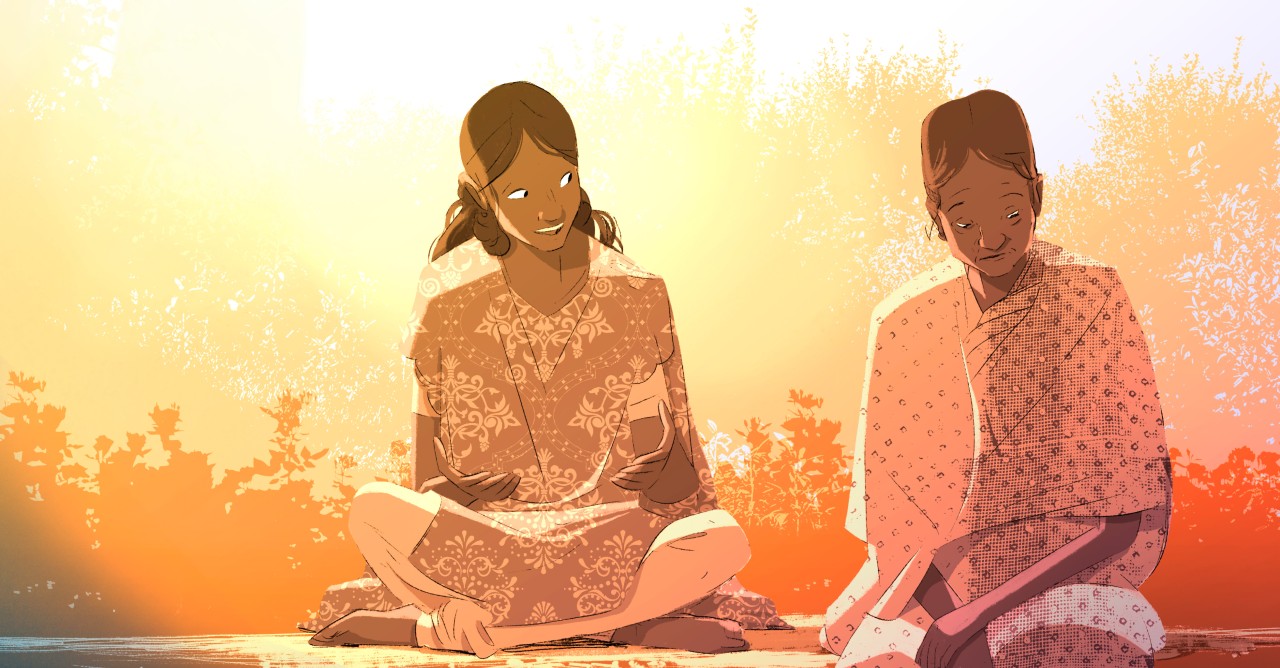 Illustration of two women talking.