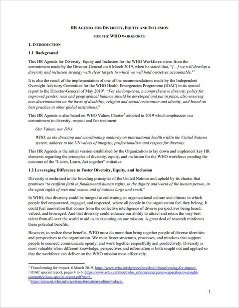 HR Agenda for diversity, equity and inclusion for the WHO workforce