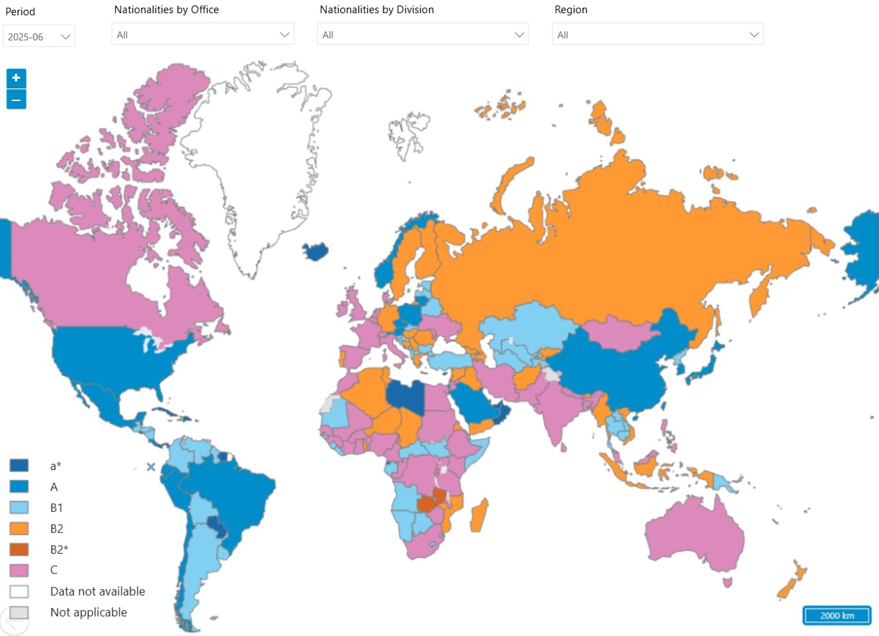 World map showing WHO geographical diversity according to representativeness of Member States.
