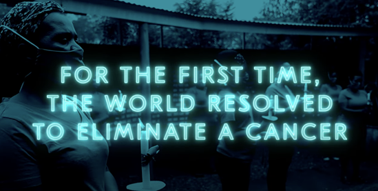 Dard image with a woman on the background and a text which reads: for the first time, the world resolved to eliminate cancer.