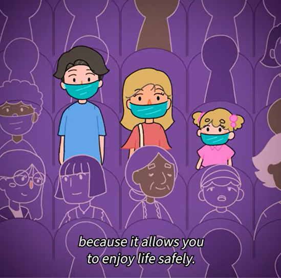 Screenshot of animation of a family wearing masks inside a cinema