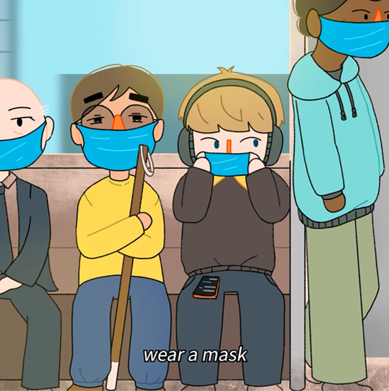 Screenshot of animation of people inside a train wearing masks