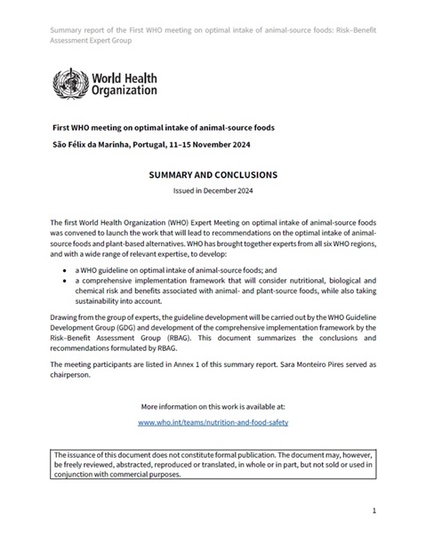 First WHO meeting on optimal intake of animal-source foods: Risk-Benefit Assessment Expert Group - summary and conclusions