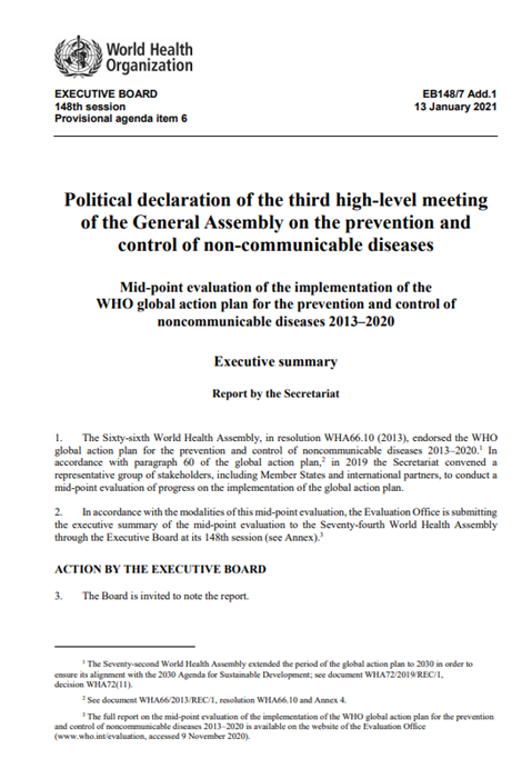 Political declaration of the third high-level meeting of the General Assembly on the prevention and control of non-communicable diseases: Executive summary