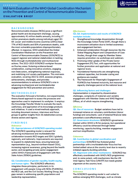 Mid-term evaluation of the WHO Global Coordination Mechanism on the Prevention and Control of Noncommunicable Diseases: Evaluation brief
