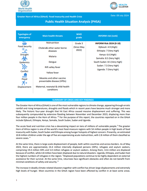 Public Health Situation Analysis: Greater Horn of Africa - 9 July 2024