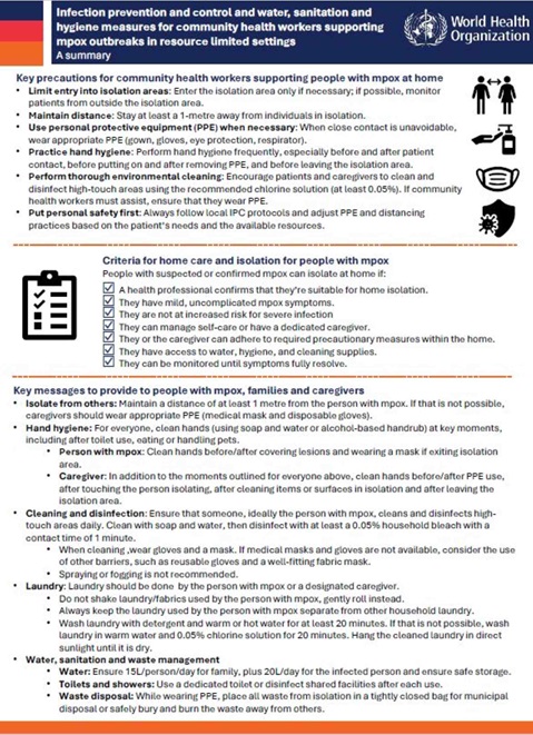 Infection prevention and control and water, sanitation and hygiene measures for community health workers supporting mpox outbreaks in resource limited settings: a summary