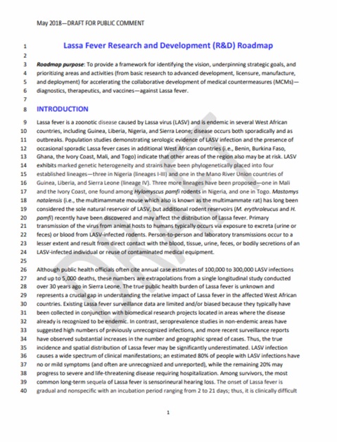 Lassa Fever Research and Development (R&D) Roadmap - DRAFT FOR PUBLIC COMMENT