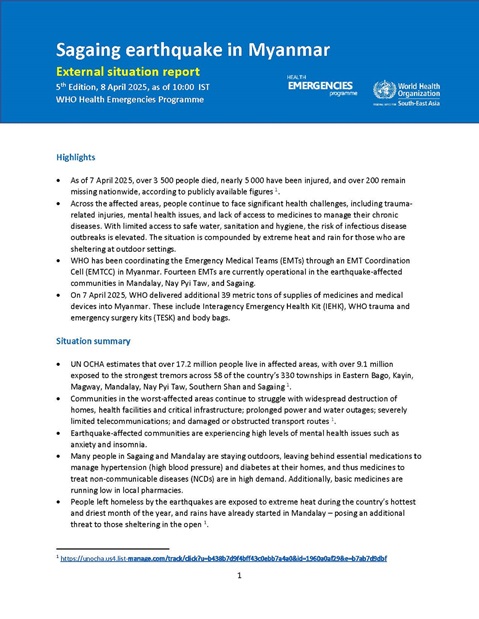 Sagaing Earthquake in Myanmar: Situation Report - 5th Edition