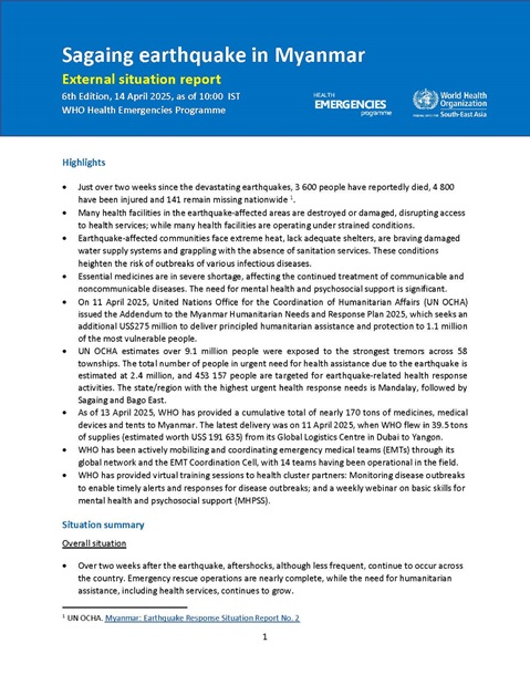 Sagaing Earthquake in Myanmar: Situation Report - 6th Edition