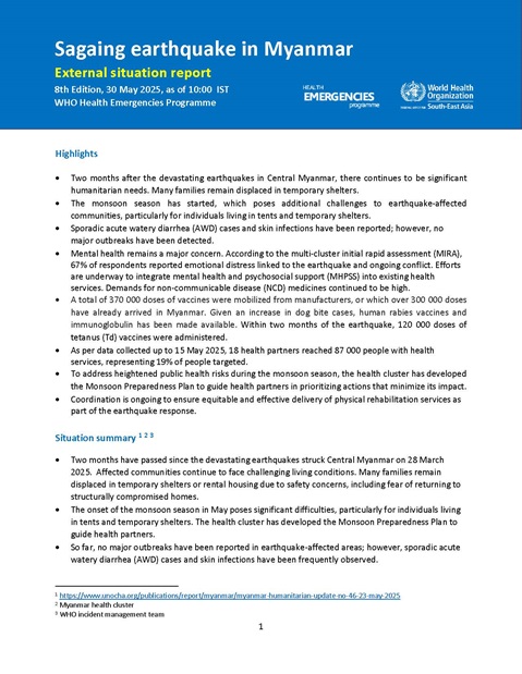 Sagaing Earthquake in Myanmar: Situation Report - 8th Edition