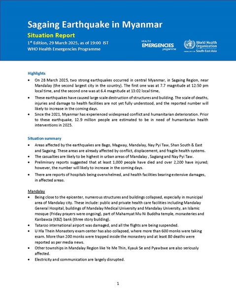 Sagaing Earthquake in Myanmar: Situation Report - 1st Edition