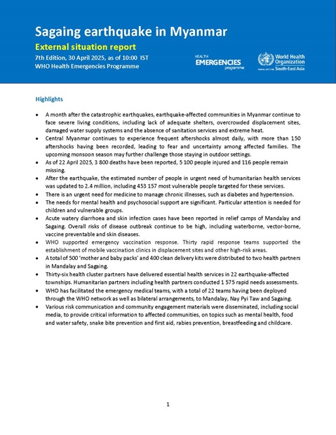 Sagaing Earthquake in Myanmar: Situation Report - 7th Edition