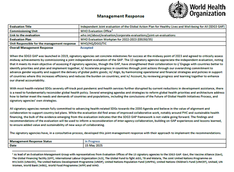 Joint evaluation of the Global Action Plan for Healthy Lives and Well-being for All (SDG3-GAP): Management response