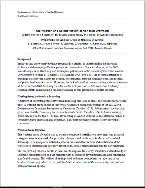 Clarification and categorization of non-fatal drowning