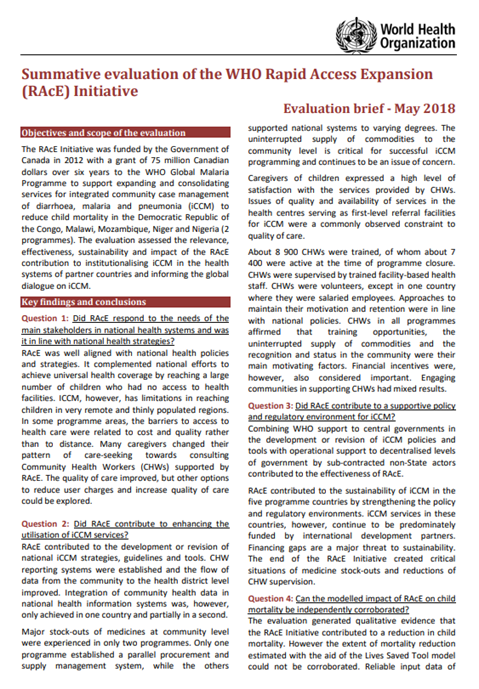 Summative evaluation of the WHO Rapid Access Expansion Initiative - Evaluation brief - May 2018