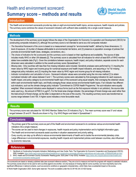 Health and Environment Country Scorecards: Summary score - methods and results