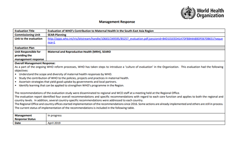 Evaluation of WHO’s contribution to maternal health in the South-East Asia Region: Management response