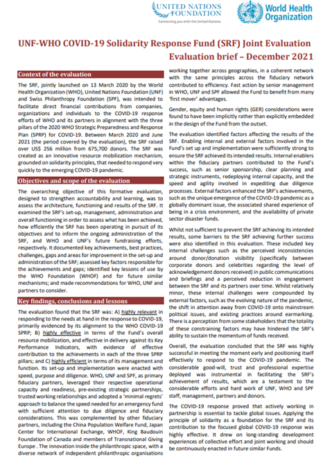 UNF-WHO COVID-19 Solidarity Response Fund (SRF) Joint Evaluation (2021): Evaluation brief