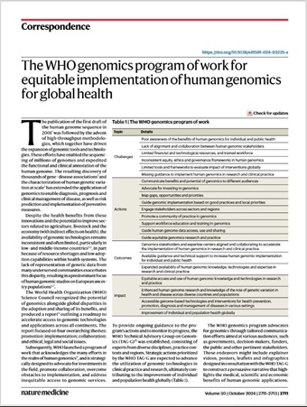 The WHO genomics program of work for equitable implementation of human genomics for global health