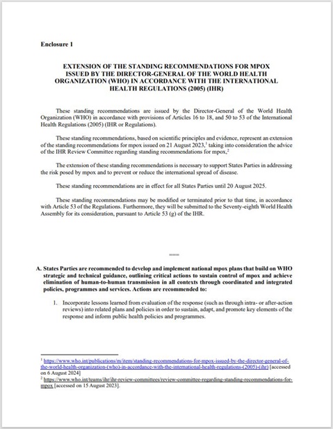 Extension of the standing recommendations for mpox issued by the Director-General of the World health organization (WHO) in accordance with the International Health Regulations (2005) (IHR)