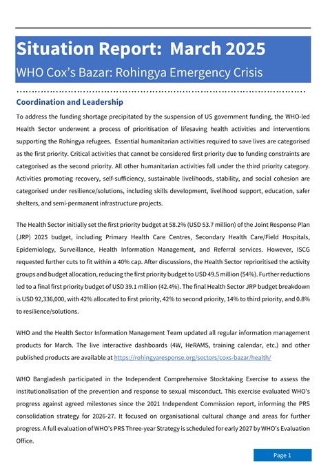 WHO Cox’s Bazar: Rohingya emergency crisis - Situation Report: March 2025