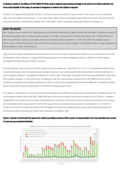Preliminary results on the efficacy of rVSV-ZEBOV-GP Ebola vaccine using the ring vaccination strategy in the control of an Ebola outbreak in the Democratic Republic of the Congo: an example of integration of research into epidemic response.