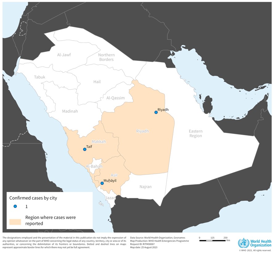 Geographical distribution of MERS-CoV cases in KSA