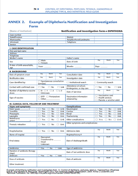 Annex 2 - Example of Diphtheria notification and investigation form