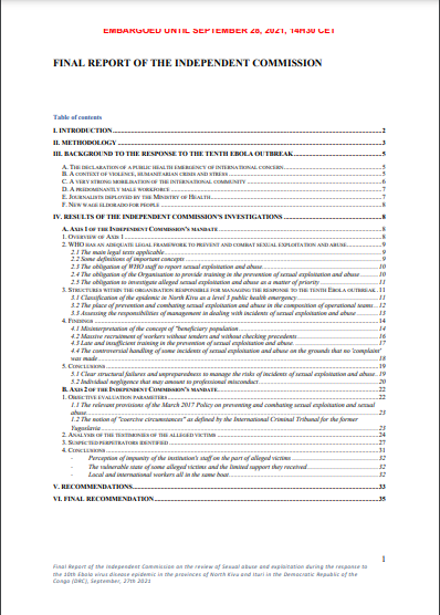 Final Report of the Independent Commission on the review of sexual abuse and exploitation during the response to the 10th Ebola virus disease epidemic in DRC