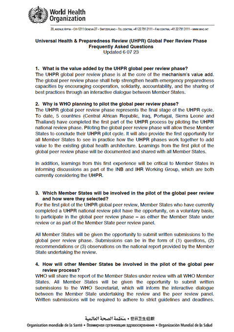 Universal health and preparedness review global peer review phase: FAQ