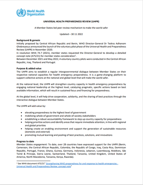 Universal health preparedness review: Overview