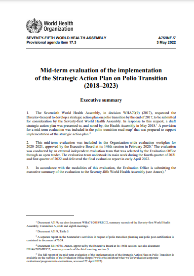 Mid-term evaluation of the implementation of the Strategic Action Plan on Polio Transition (2018-2023): Information Document for the 75th World Health Assembly (A75/INF./7)