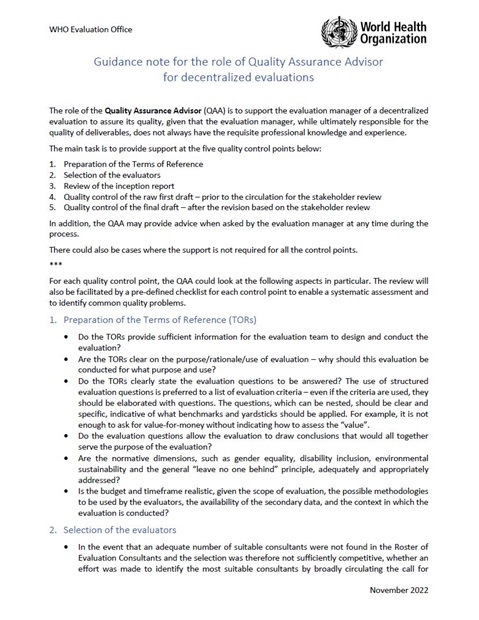 Guidance note for the role of Quality Assurance Advisor for decentralized evaluations (2022)