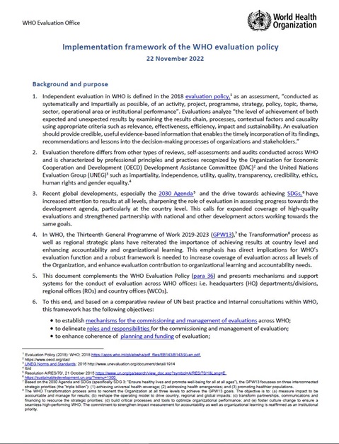 Implementation framework of the WHO evaluation policy (2022)