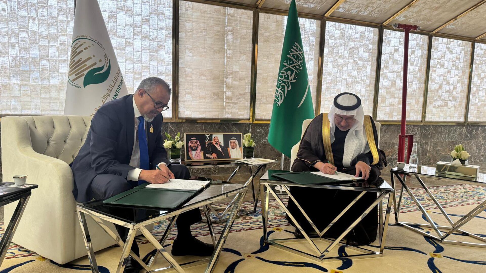WHO Dr Tedros and KSRelief Abdullah Al Rabeeah sign humanitarian crises response agreements