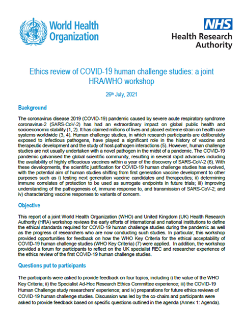 Ethics review of COVID-19 human challenge studies: a joint HRA/WHO workshop